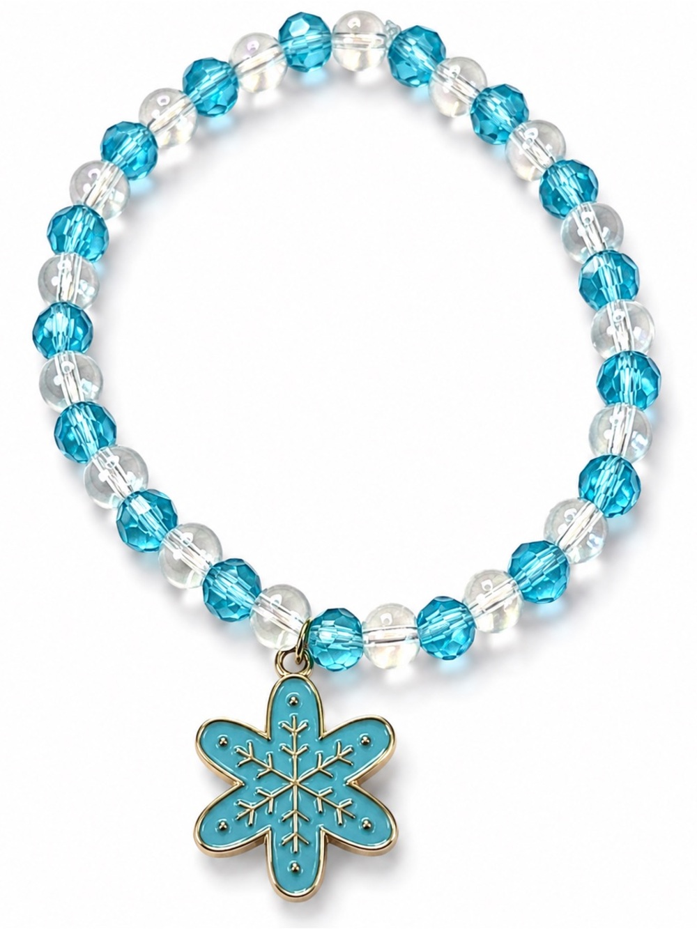 Blue and Clear Glass Beaded Bracelet with Snowflake Charm